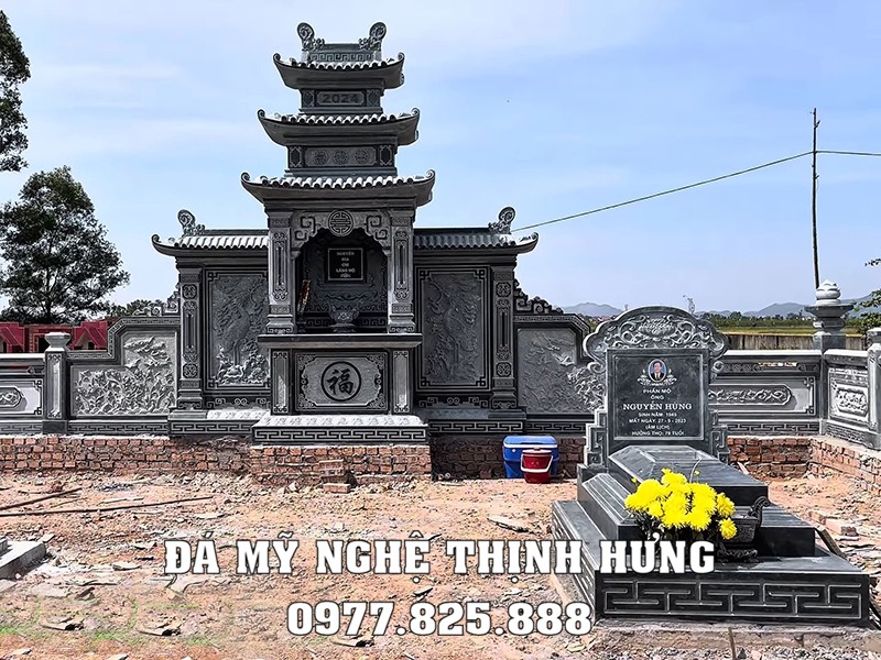 Quy trình, khảo sát, thiết kế, xây Lăng Mộ đá cho gia đình bài bản, khoa học năm 2026 31 Mẫu Mộ đá 3 cấp tân cổ điển đá xanh rêu chất lượng cao