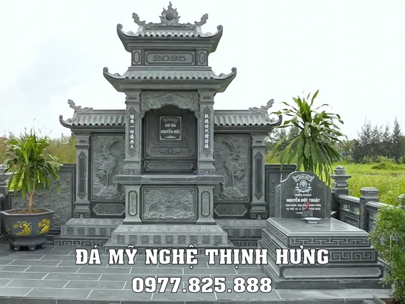 Xây Lăng Mộ đá tại Hải Phòng cho gia đình uy tín, chất lượng, diện tích 55m2 41 Mẫu Mộ đá xanh rêu 3 cấp nguyên khối và lăng thờ đá #langmoda